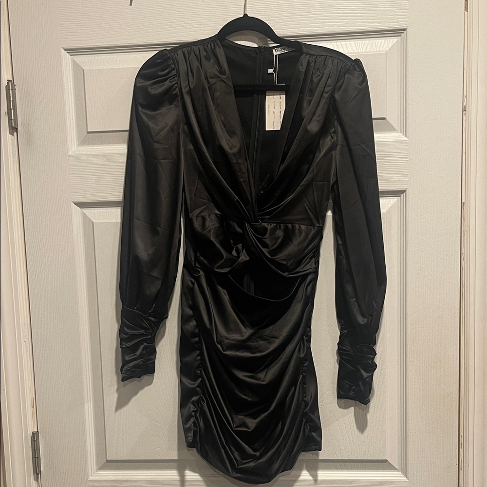Chic Black Satin Long Sleeve Dress